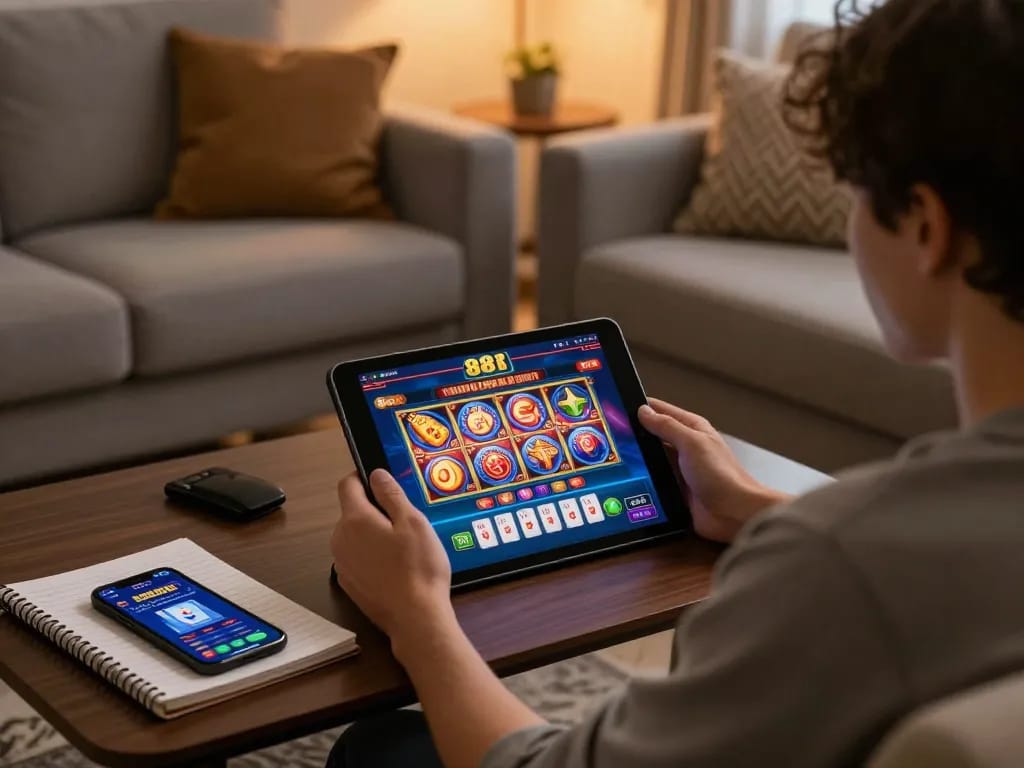 Engaging in online gambling with open 88 interface during a cozy home gaming night.