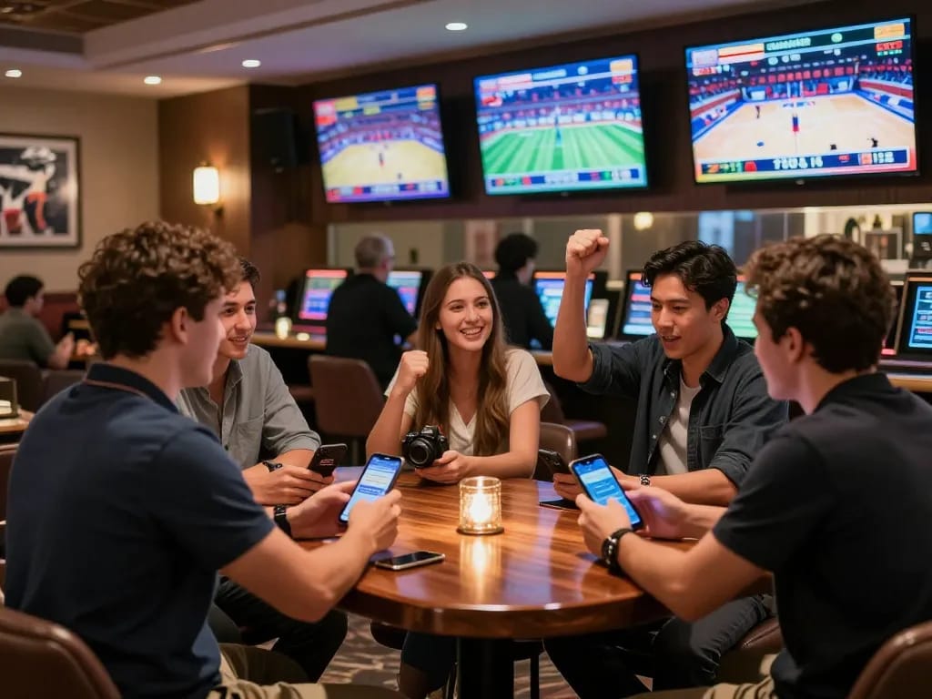 Engaged bettors tracking their wagers on UU88 in an upscale casino sportsbook.