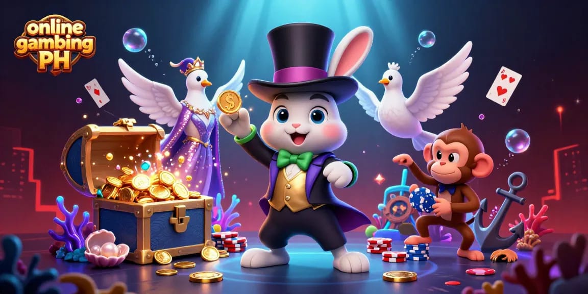 Engage in online gambling PH with a lively scene featuring a magician rabbit, dove, and mischievous monkey.