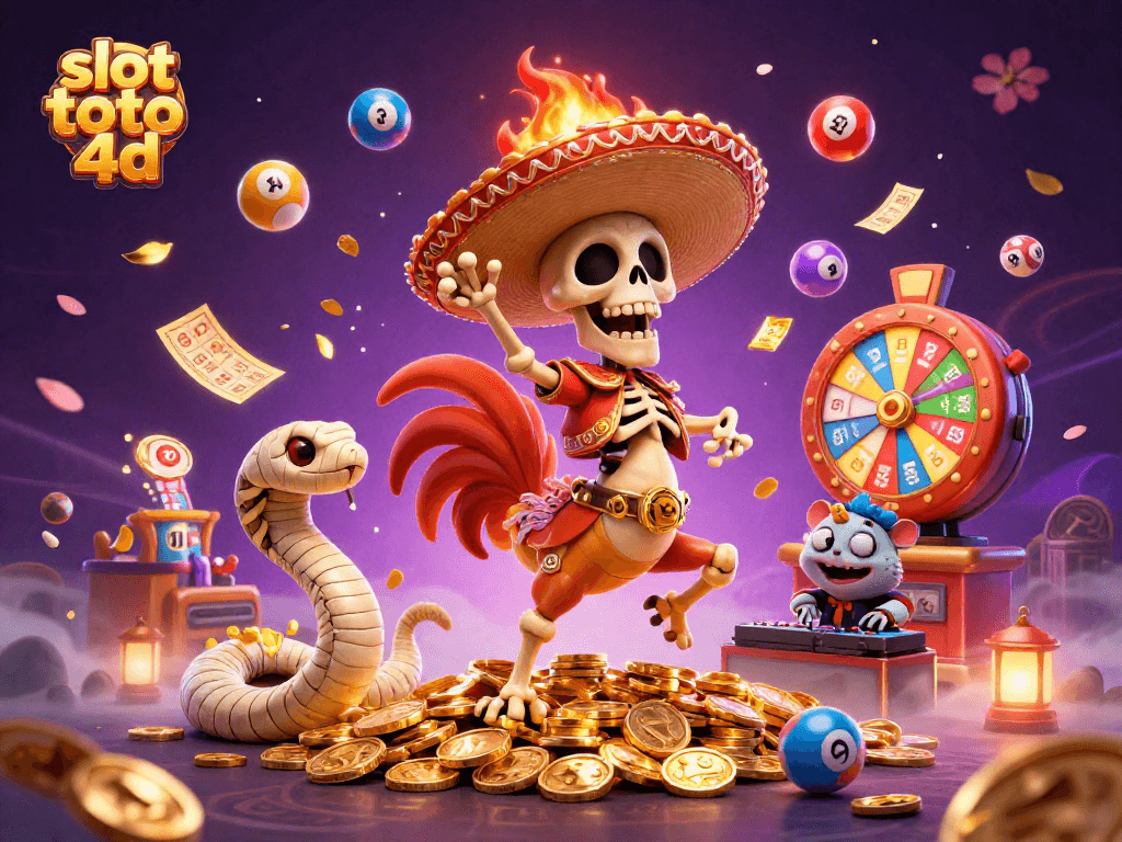 Engage with slot toto 4d in this vibrant scene of dynamic lottery elements and animated characters.