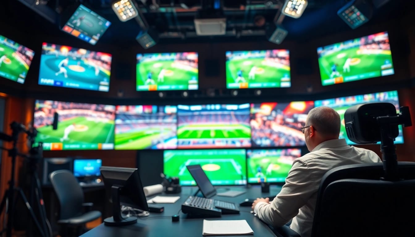 Engaging sports broadcasting scene showcasing a professional announcer, emphasizing excitement in sports broadcasting.