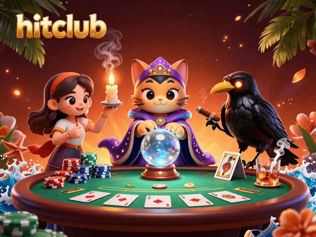 hitclub showcases a vibrant casino scene with a mystic cat, a raven, and poker elements, creating a magical atmosphere.