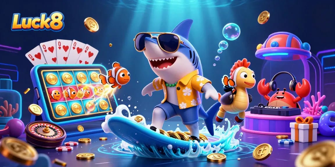 Engage with Luck8 through colorful gaming excitement illustrated by a lively gold coin wave and vibrant characters.