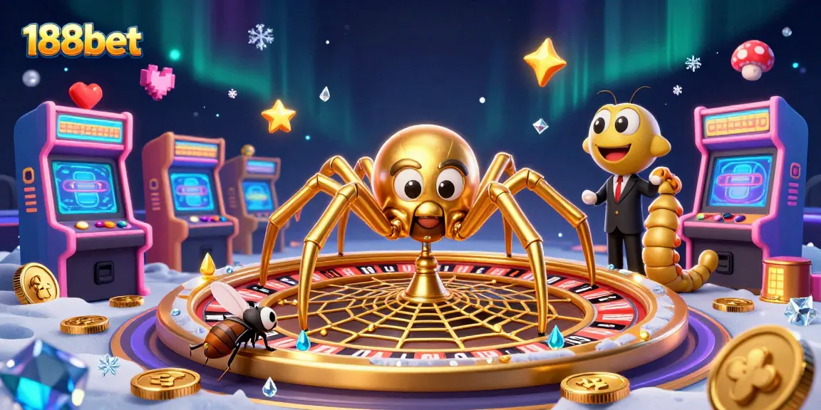 Place bets with 188bet in a vibrant casino scene with a spider and centipede characters.