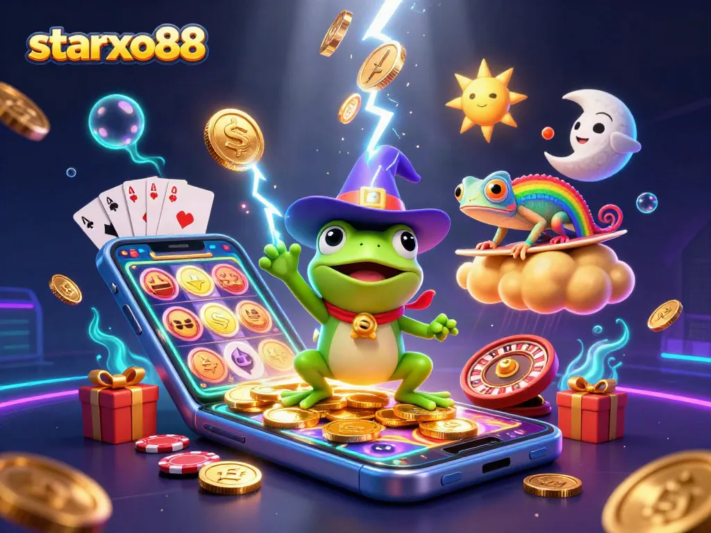 Experience the excitement at starxo88 with vibrant slots and gaming elements amidst a magical scene.