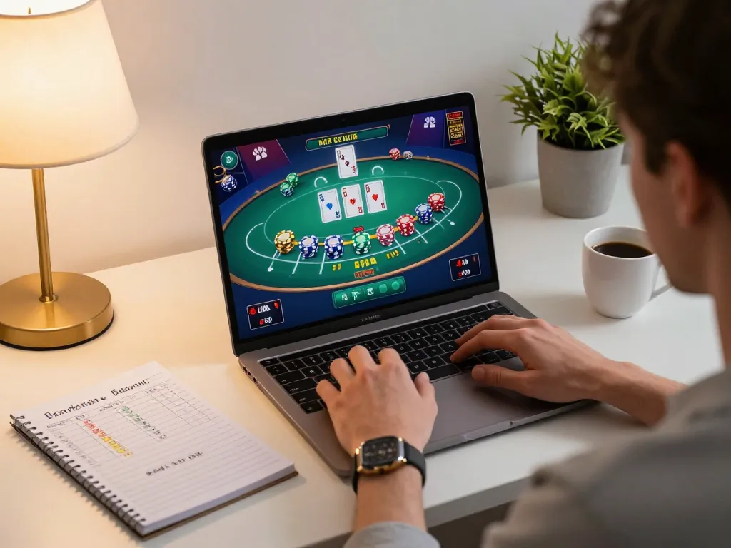 Player engaging in online casino gaming with CasinoAtlas insights on responsible betting strategies.