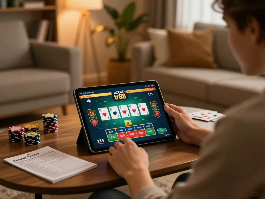 Engaging in tr88 bet online gaming from a cozy home setup with strategy notes visible.