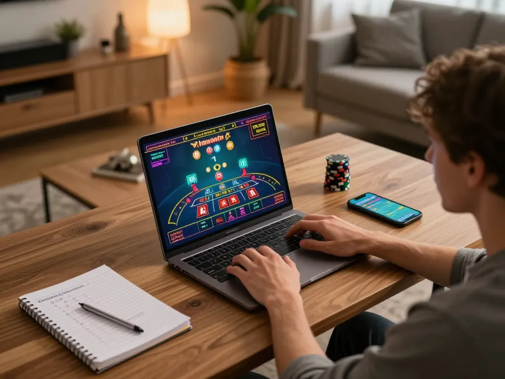 Online casino player enjoying 98win gaming session on laptop with strategic notes