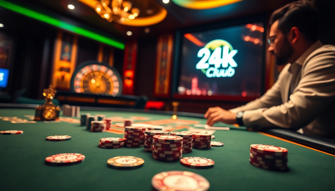 Một bàn chơi tại 24kclub với các chip poker và các quân bài thể hiện sự hứng khởi khi cá cược.