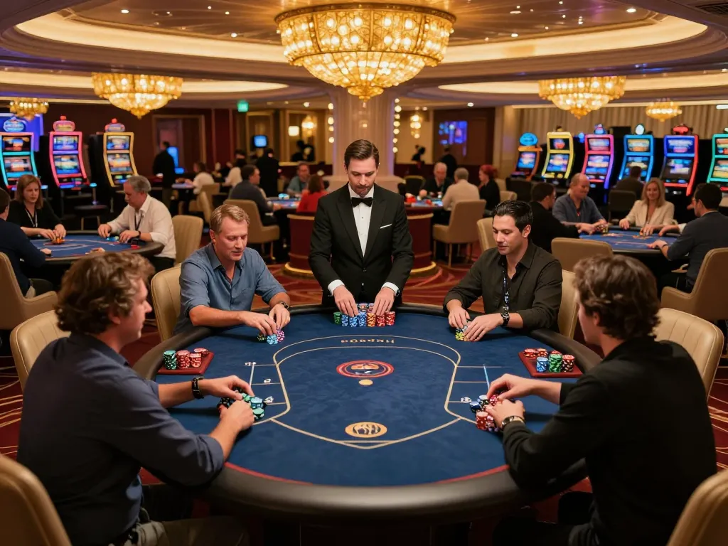 NAGA2000 high-stakes poker game in an upscale casino VIP area shows players engaged and excited.