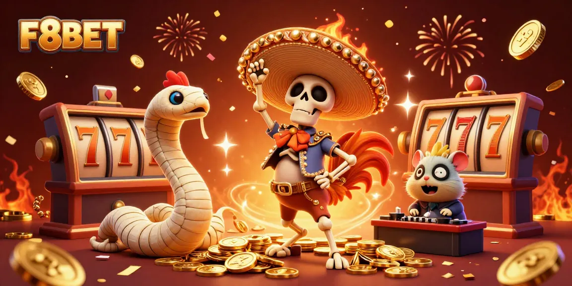 Join the excitement at F8BET with a vibrant casino scene of thrilling characters celebrating amidst gold coins, slot reels, and poker chips.