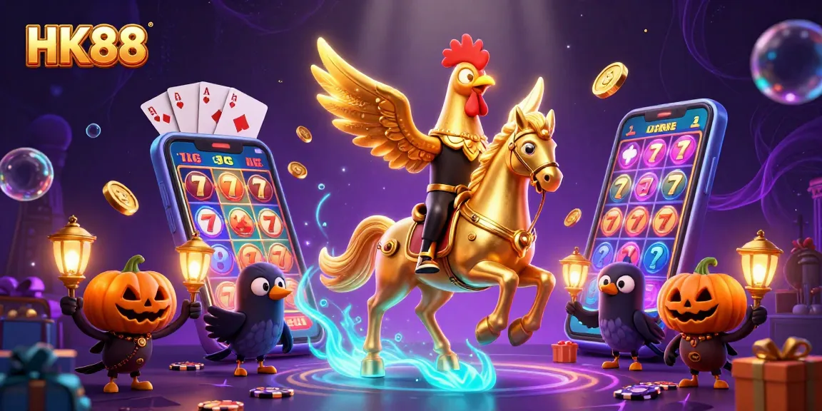 Experience the vibrant HK88 casino atmosphere with a golden rooster and crows amidst dynamic gaming elements.