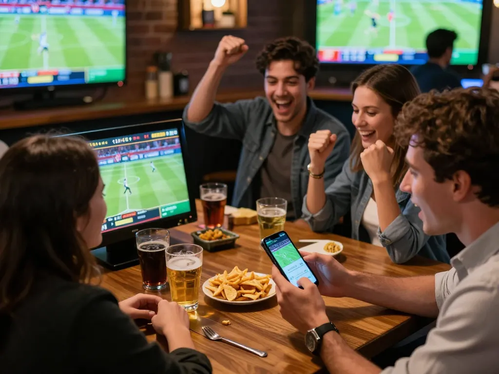 Placing a winning bet using the 22bet app during a lively sports event at a bustling bar.