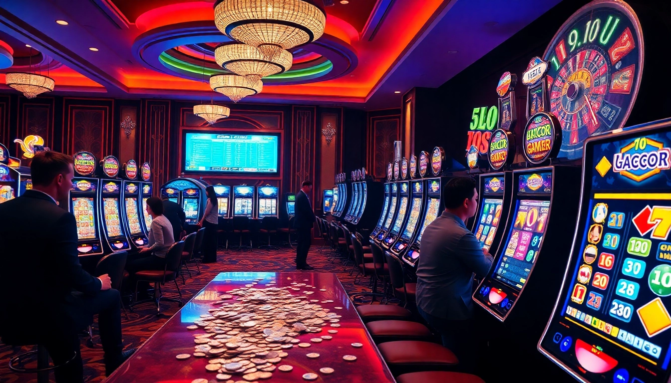 Excited players enjoy the vibrant atmosphere of slot gacor machines in a luxurious casino setting.