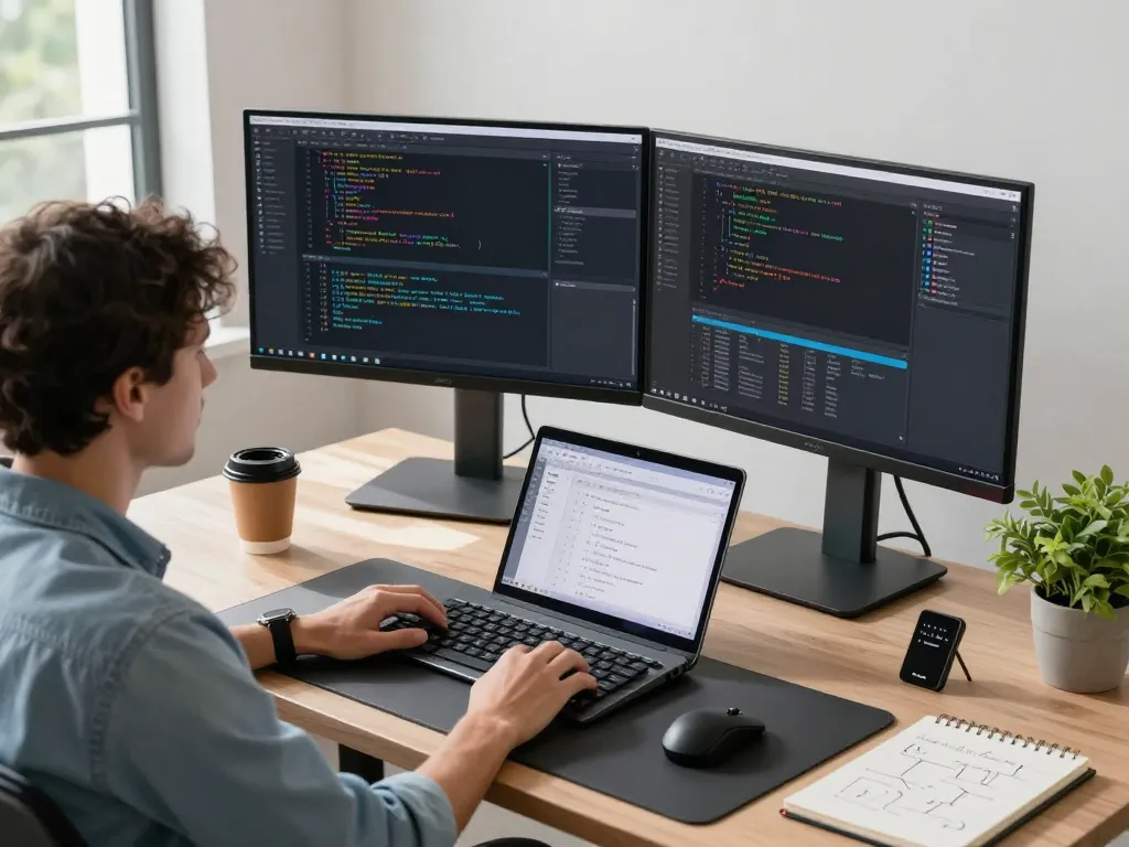 Developer using OpenClaw in a modern workspace with code on screens.