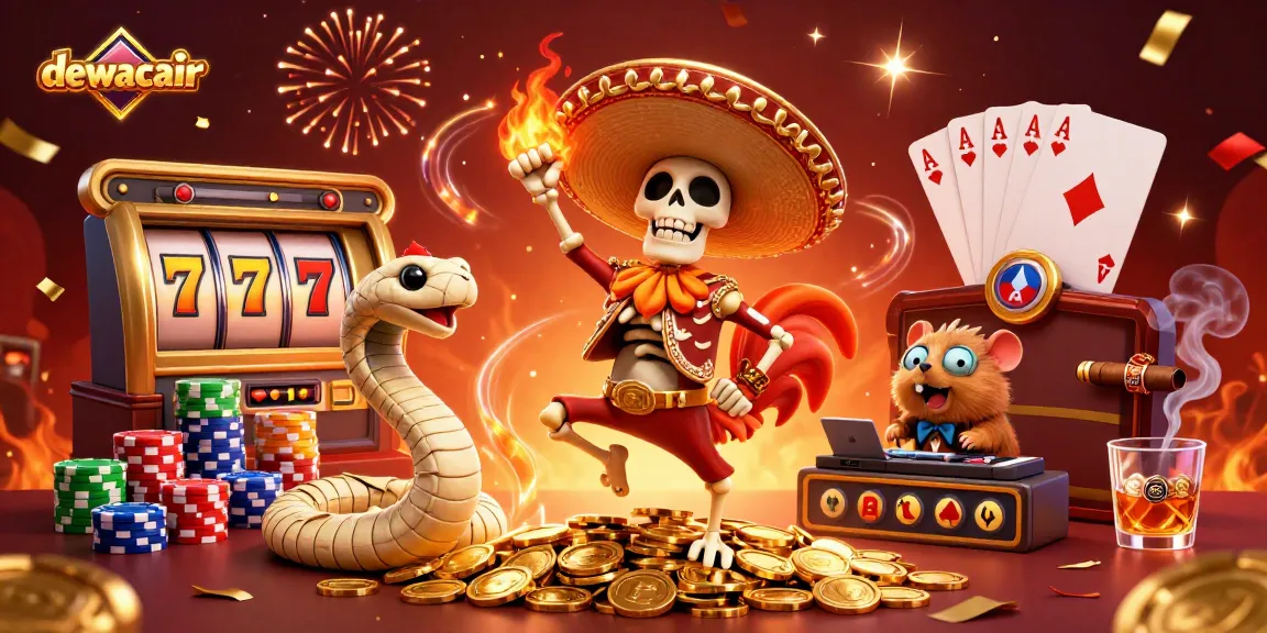 Experience thrilling wins with dewacair, featuring vibrant casino characters on a jackpot-filled stage.