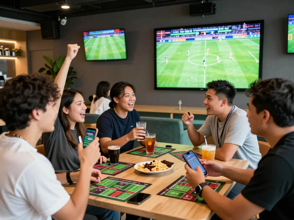 Teman-teman menikmati taruhan sepak bola langsung di Sydneycuan di lounge olahraga modern.