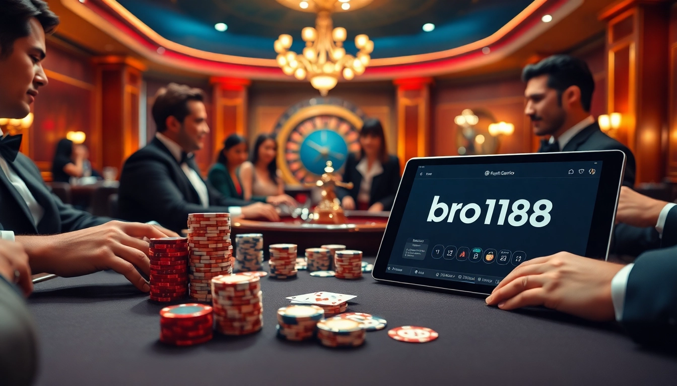 Engage with bro138 on a luxurious poker table scene featuring elegant players and gaming accessories.