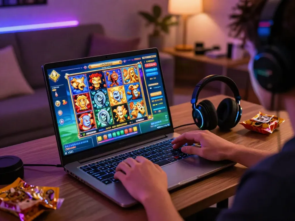 Player enjoying a slot game on a laptop with vibrant graphics in a cozy room.