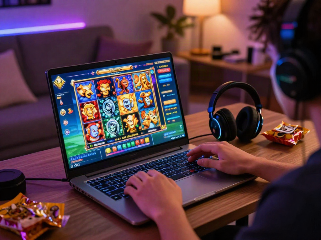 Player enjoying a slot game on a laptop with vibrant graphics in a cozy room.
