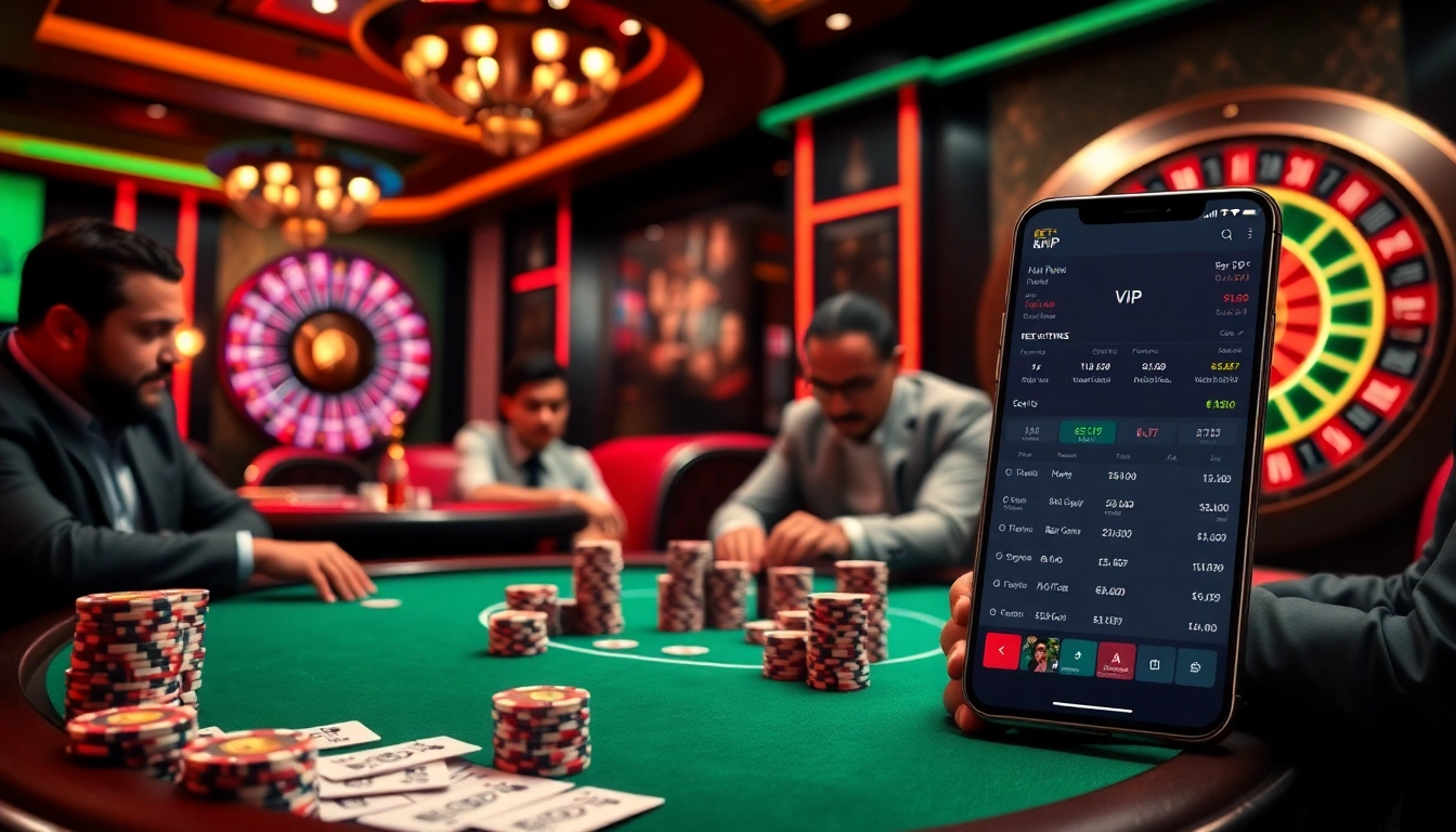 Người chơi tham gia tại bàn poker trong một sòng casino sôi động khi sử dụng ứng dụng Bet VIP để nhận định cược.