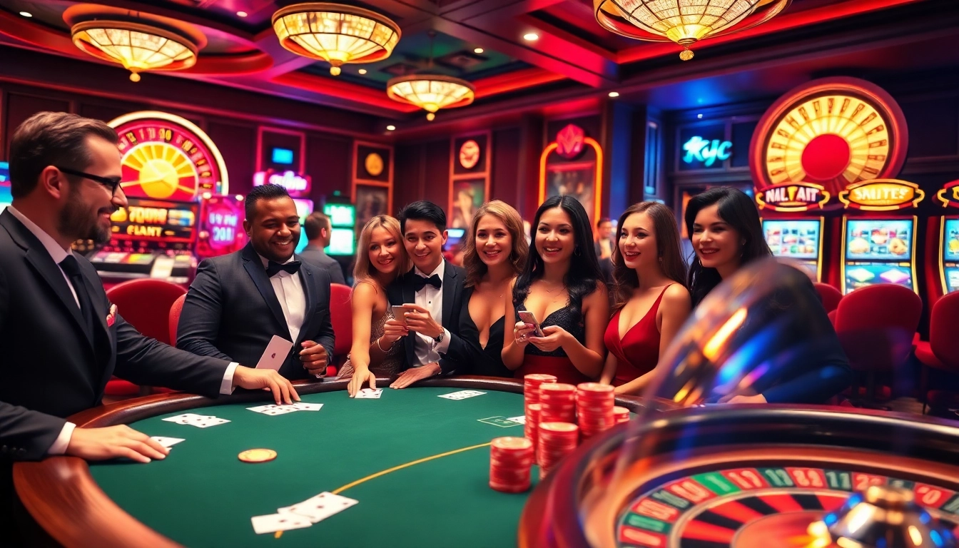 KJC poker table set in a luxurious casino ambiance with vibrant lighting and eager players.