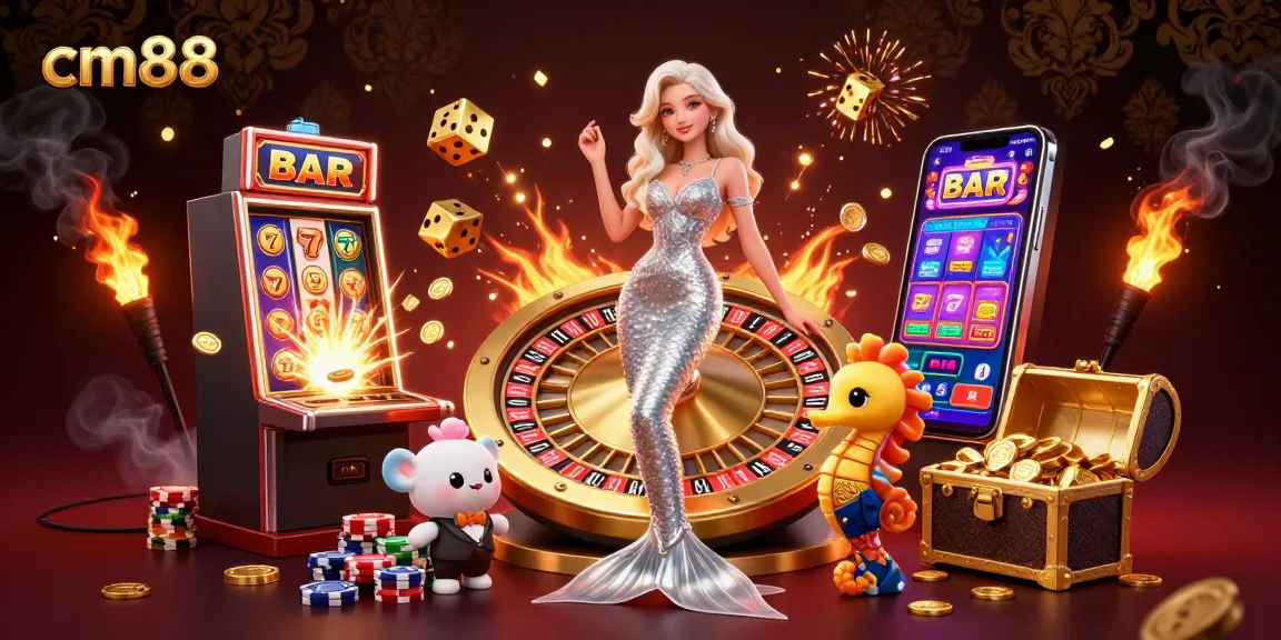 Experience the excitement of cm88 casino with a vibrant 3D scene featuring a fantastical woman and playful seahorse.