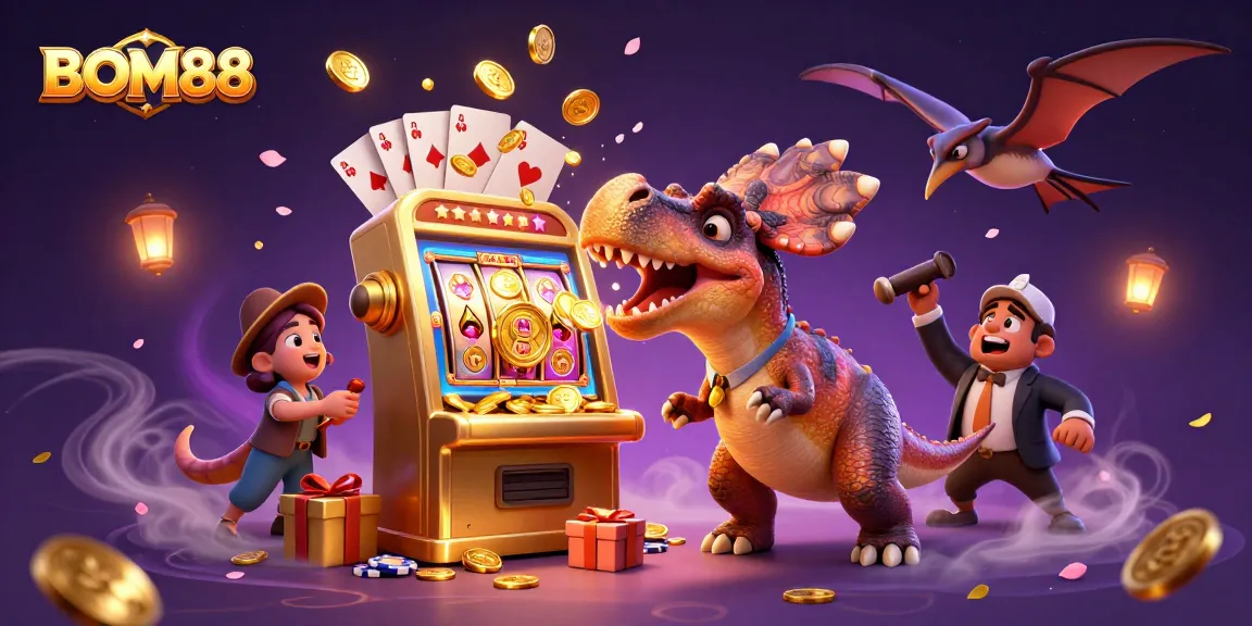 BOM88 features a dynamic scene with a pachycephalosaurus, slot machine, and flying coins in an engaging casino environment.