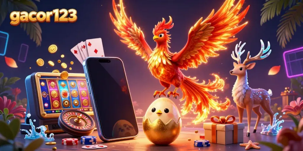 Engage with gacor123's vibrant phoenix and gaming experience in an ultra-detailed casino scene.