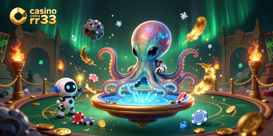 Watch the alien octopus engage at the casino online rr33 poker table with holographic elements, showcasing excitement.