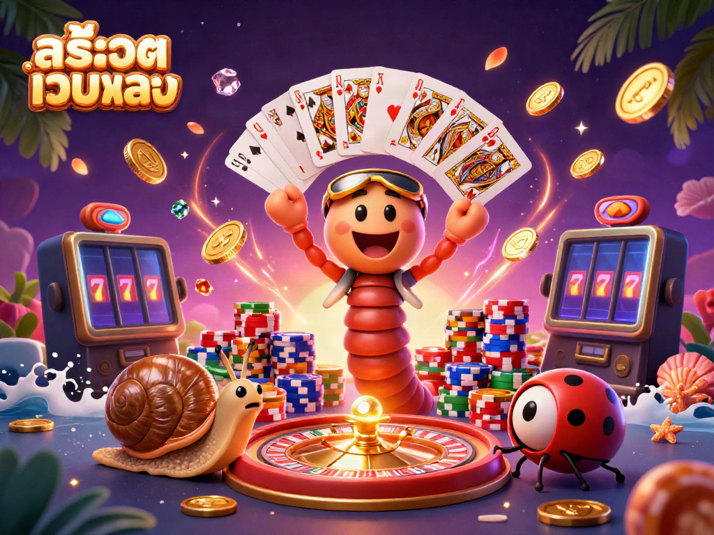 Engage with สล็อตเว็บตรง in a vibrant gaming scene featuring a millipede dealer and a snail high-roller.