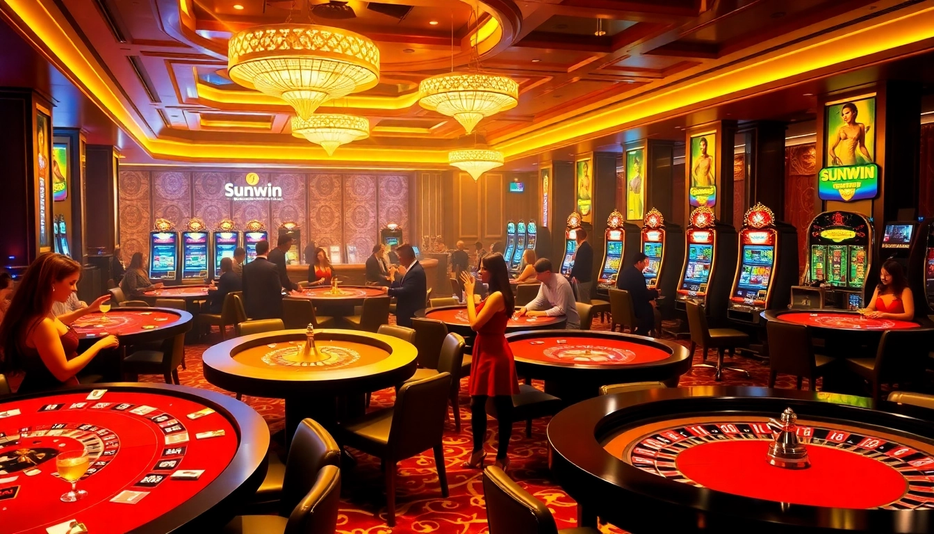 Sunwin players enjoying a vibrant casino atmosphere with poker and slot games.