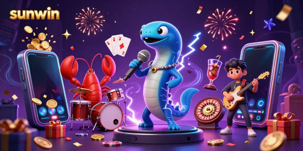Sunwin jackpot celebration featuring an electric eel DJ, lobster drummer, and seahorse guitarist in vibrant underwater casino