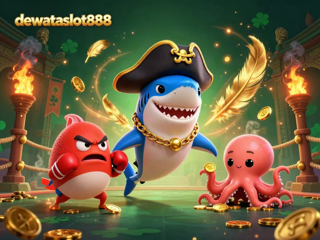 Menang dengan dewataslot888 di kasino online, dikelilingi harta karun dan karakter lucu.