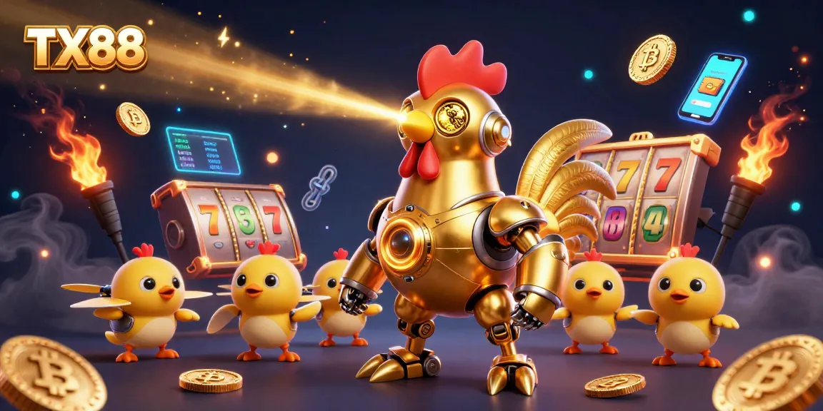 Experience immersive gaming with TX88’s golden rooster robot and dynamic casino elements.