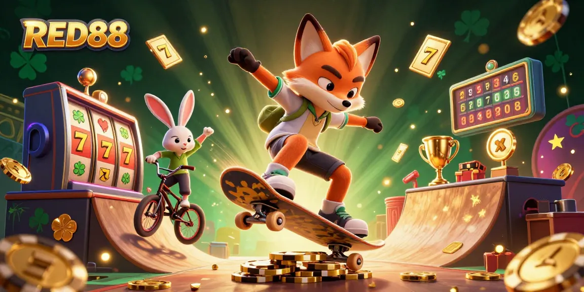 Experience the thrill of RED88 slots with a dynamic 3D cartoon scene showcasing vibrant characters and casino elements.