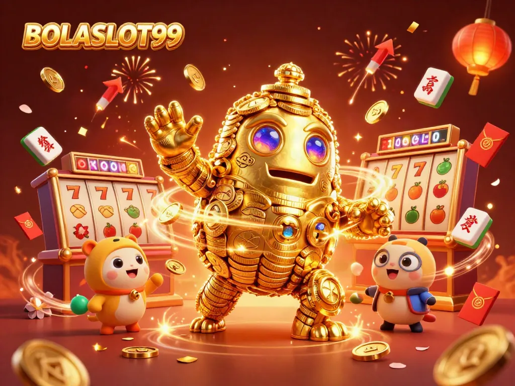Experience the thrill of BOLASLOT99 with a vibrant and energetic 3D cartoon illustration featuring a golden golem and slots game elements.