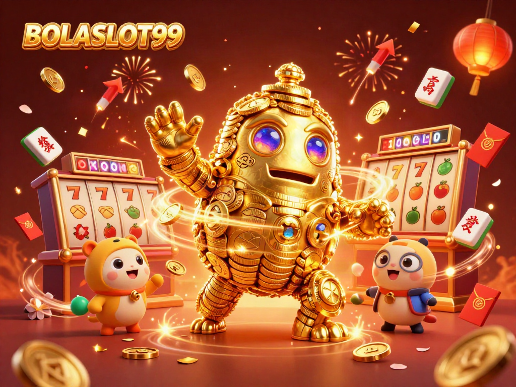 Experience the thrill of BOLASLOT99 with a vibrant and energetic 3D cartoon illustration featuring a golden golem and slots game elements.