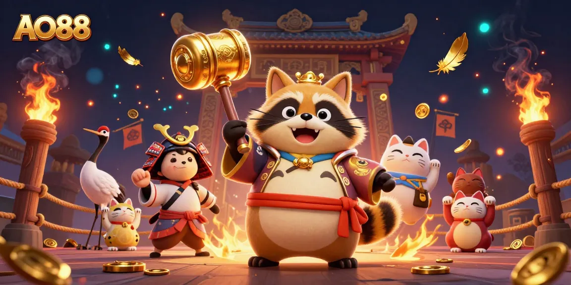 AO88 welcomes players with vibrant 3D cartoon artwork showcasing a cheerful tanuki amid a dynamic casino theme.