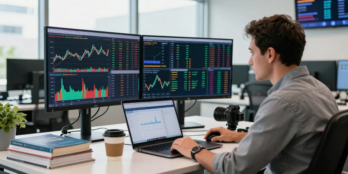 Trader di ruang kantor modern menganalisis grafik saham dengan kakakjudi dan platform trading di layar.
