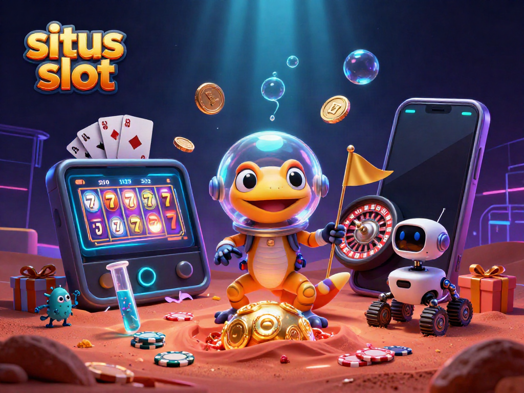 Situs slot dengan gecko Mars 3D menjelajah kasino emas di padang pasir, menampilkan permainan slot.