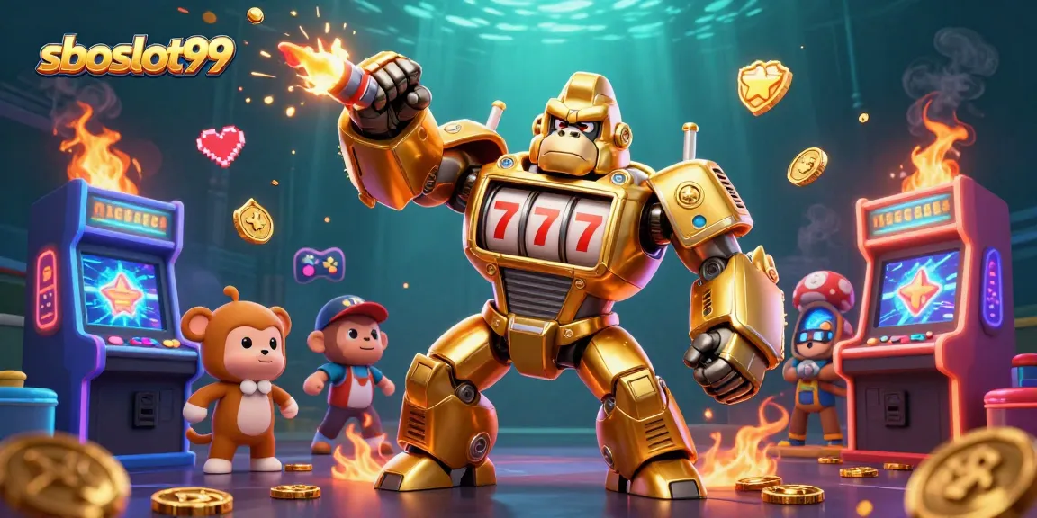 sboslot99 showcases golden gorilla mech winning big with explosive coin payouts amid vibrant gaming elements.