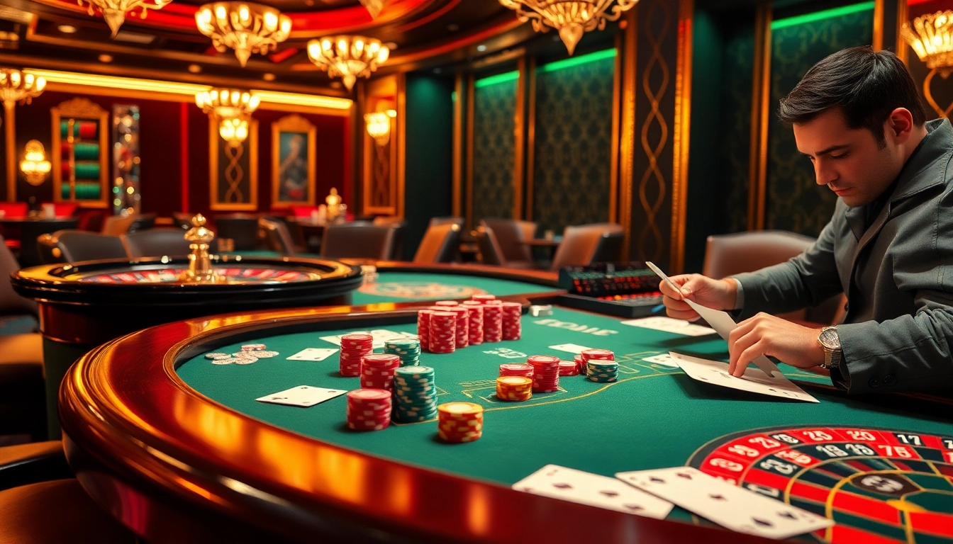 Luxury138 players strategizing with chips and cards at an elegant casino table.