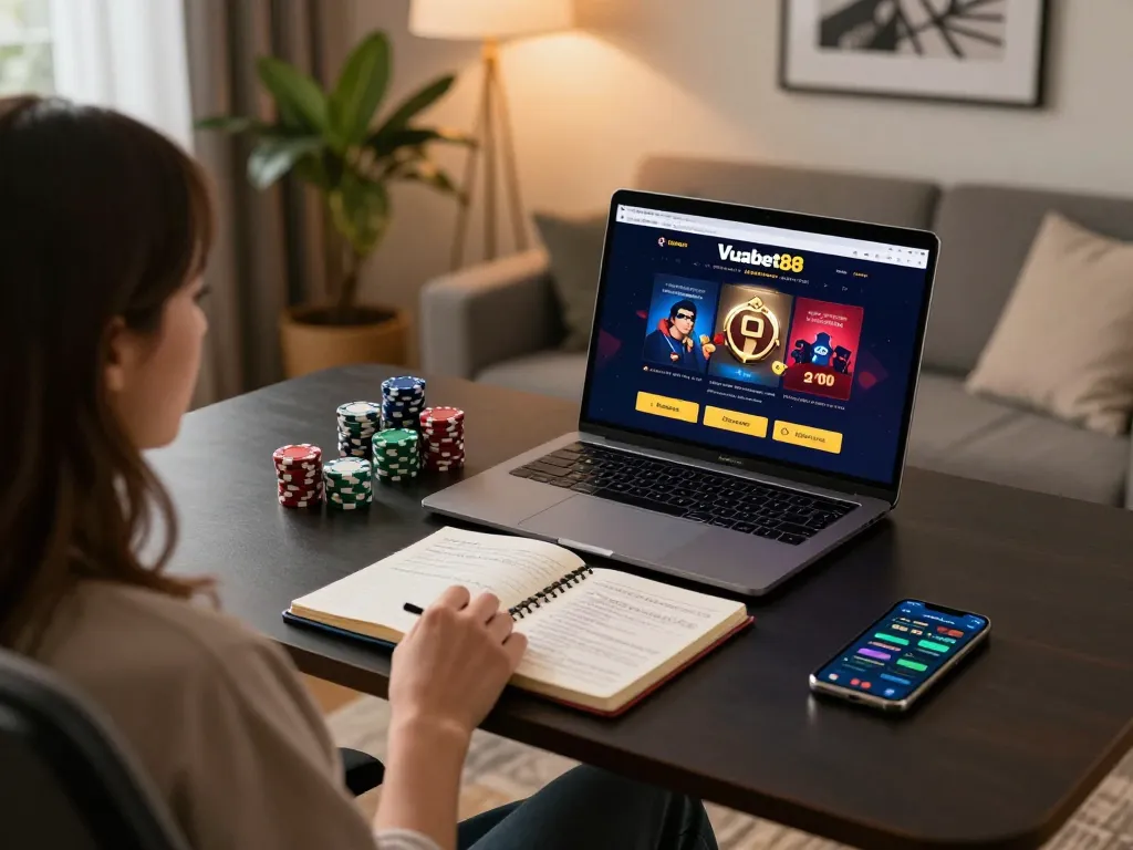 Player strategizing roulette game on Vuabet88 com in a cozy home setting with poker chips.