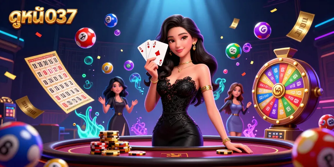 Engage with ดูหนัง037 casino excitement through a dynamic lottery-themed illustration featuring vibrant elements.
