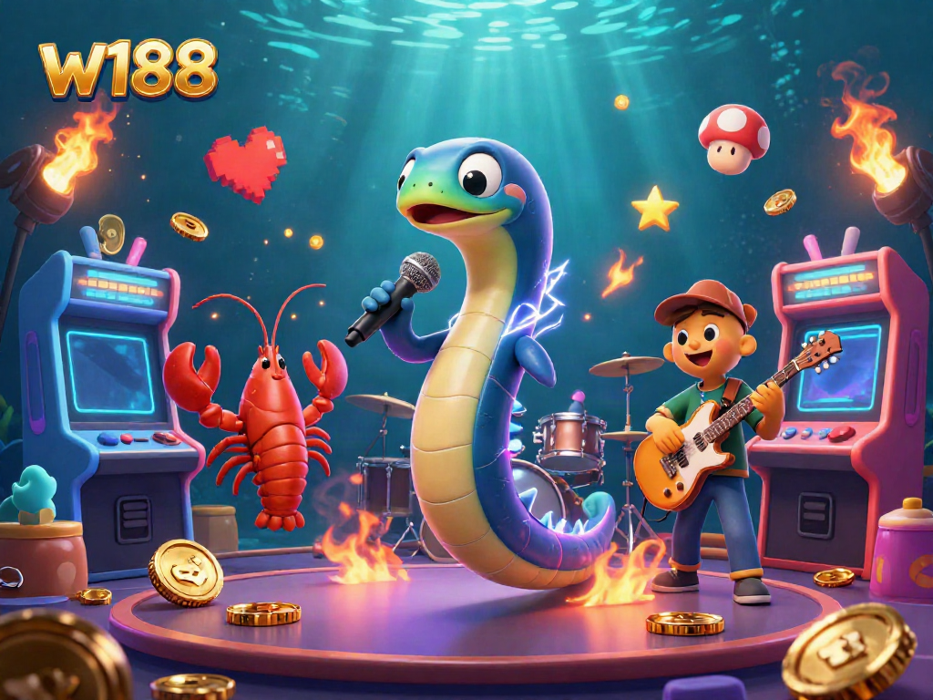Experience the vibrant w188 underwater casino with a lively 3D DJ eel and band, surrounded by exciting games.