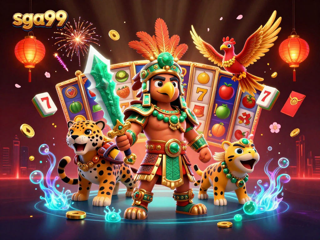 Spin to win with SGA99 in a vibrant, dynamic casino illustration featuring jackpots and warriors.
