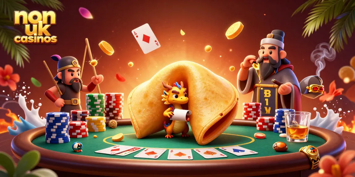 Engage with non UK casinos featuring a dynamic 3D scene of a golden fortune cookie and poker elements.