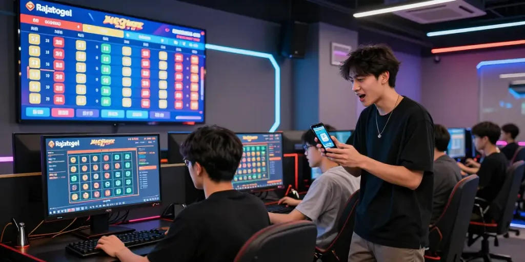 Penggemar Rajatogel bermain di lounge modern dengan hasil lotere live, suasana penuh energi dan interaksi sosial.