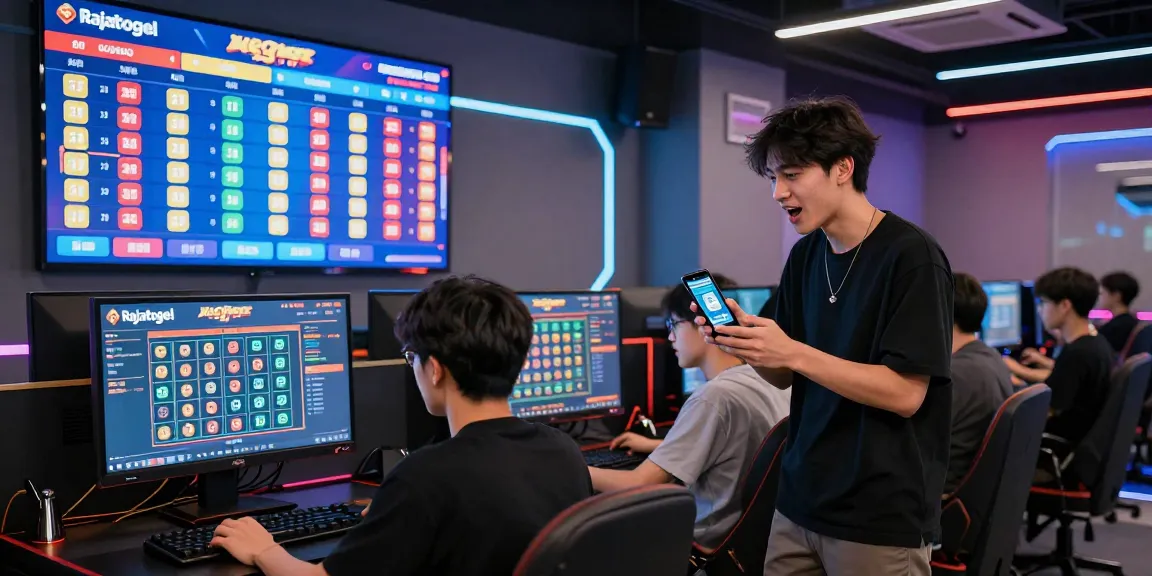 Penggemar Rajatogel bermain di lounge modern dengan hasil lotere live, suasana penuh energi dan interaksi sosial.